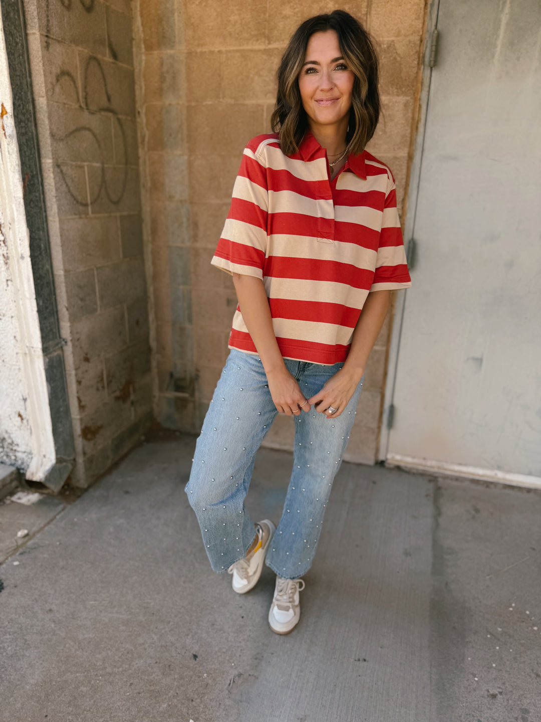 Bold Striped Rugby Tee - Sand Red