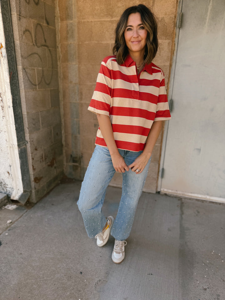 Bold Striped Rugby Tee - Sand Red