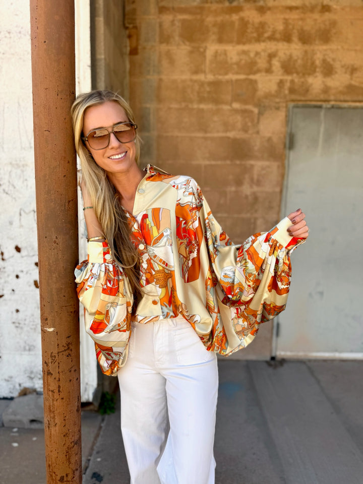 Beulah | Modern Abstract Satin Blouse - Orange