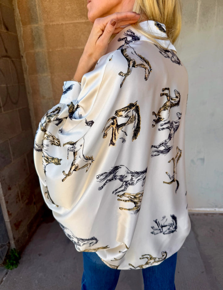 Beulah Style | Angle Horse Printed Satin Blouse - Ivory