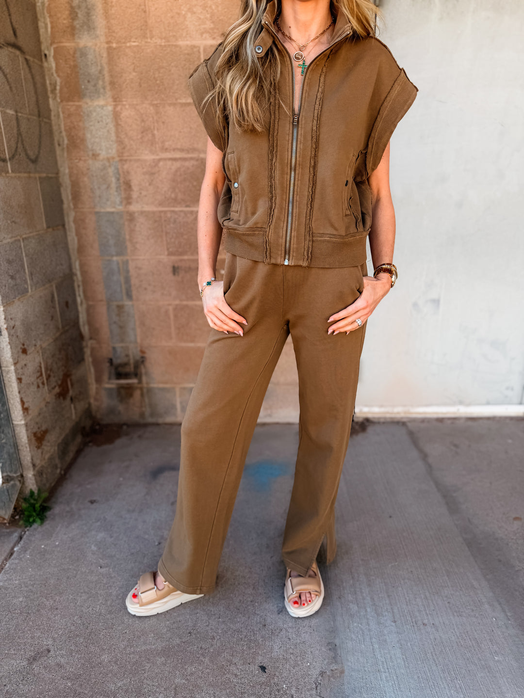 Elan | Drawstring Wide Leg Pants - Brown