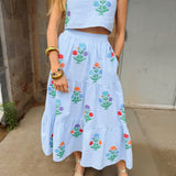 J. Marie Collections | The Samson Midi Skirt Set - Blue & White Stripe Embroidery