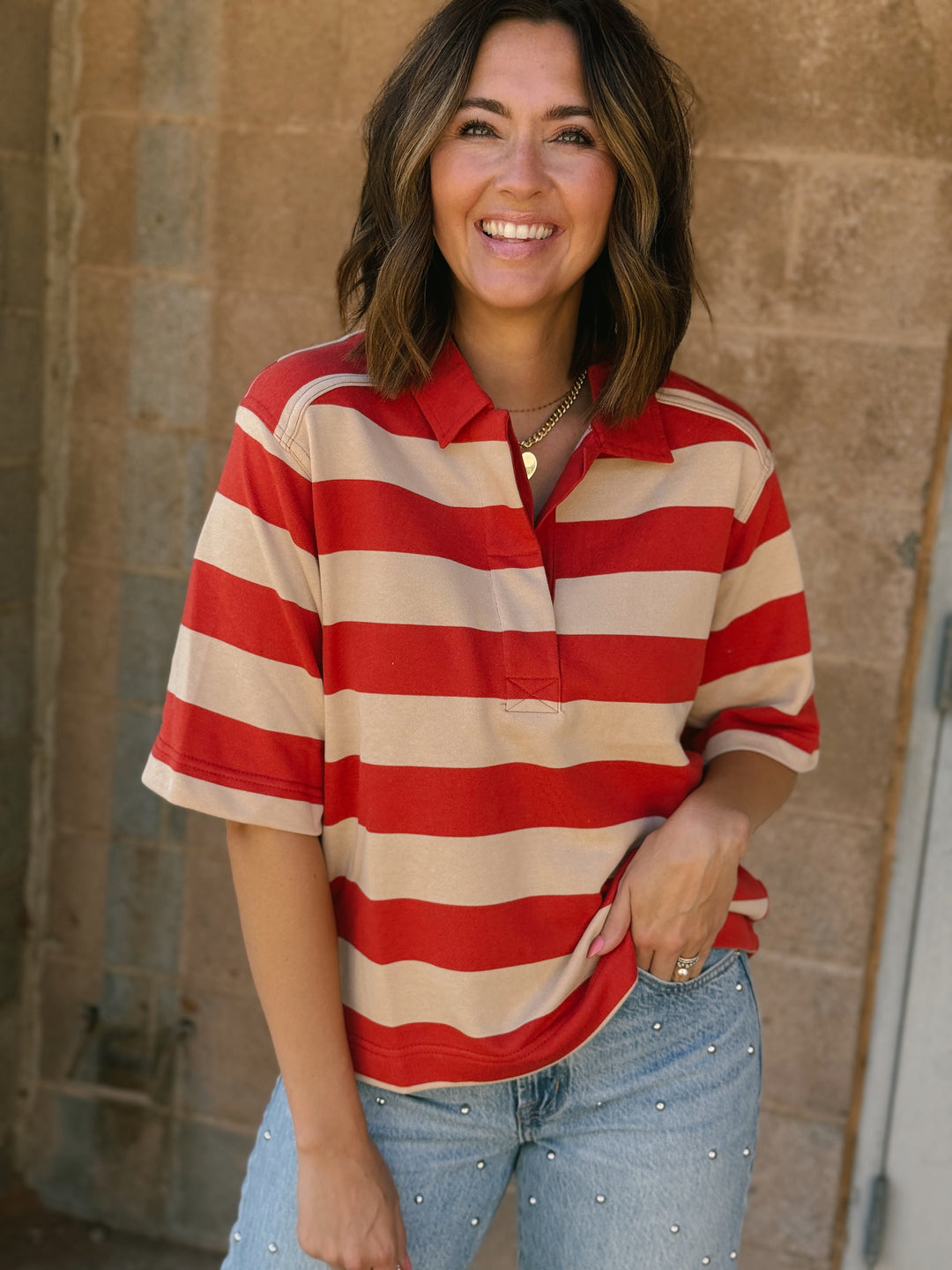 Bold Striped Rugby Tee - Sand Red