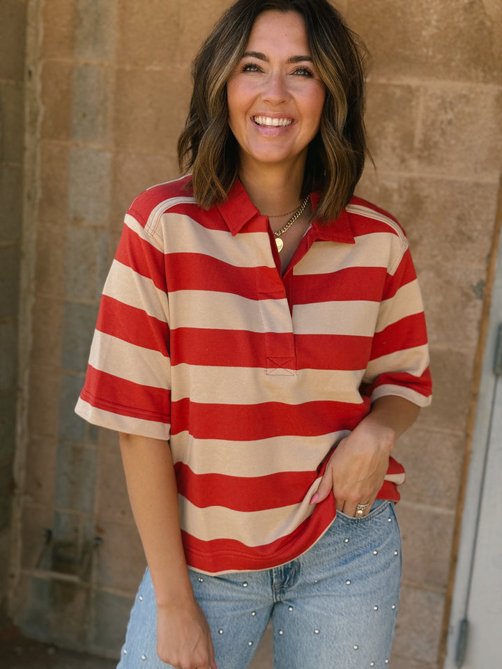 Bold Striped Rugby Tee - Sand Red