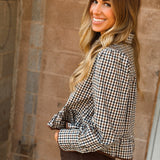 THML | Long Sleeve Gingham Pattern Collared Top - Brown