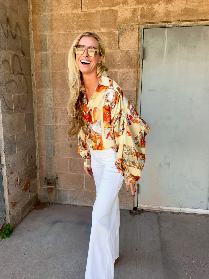 Beulah | Modern Abstract Satin Blouse - Orange