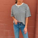 Miou Muse | Bold Striped Short Sleeve Top - Charcoal