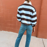 Good American | The Cropped Rugby Polo - Espresso Sky Block Stripe