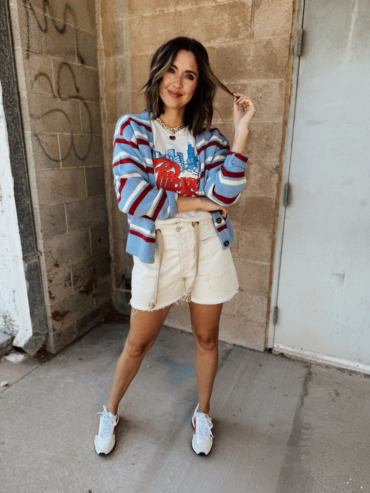 Daydreamer | Stripe V-Neck Slouch Cardigan- Blue/Red Cream