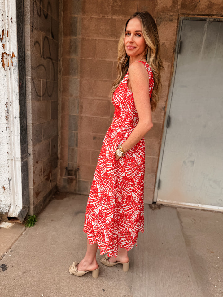 Adelyn Rae | Joanna Corset Embroidery Midi Dress - White/Red