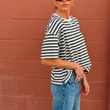 Miou Muse | Bold Striped Short Sleeve Top - Charcoal