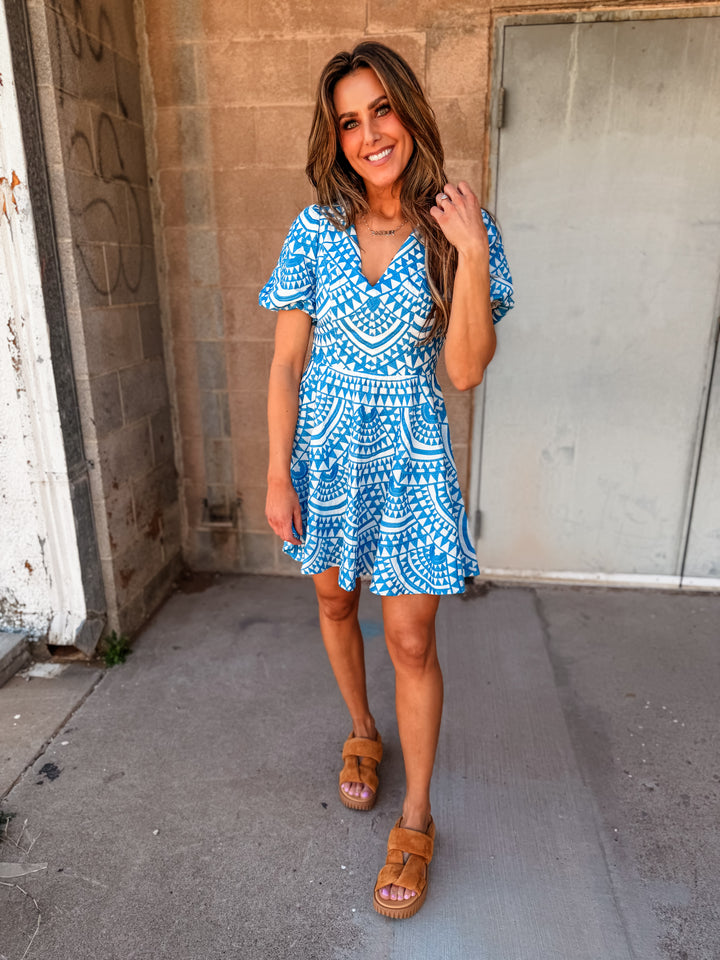 Adelyn Rae | Genesis Fit & Flare Embroidery Mini Dress - White/Denim Blue