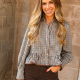 THML | Long Sleeve Gingham Pattern Collared Top - Brown