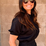 La Biz - Neoprene Cropped Short Sleeve Sweatshirt - Black