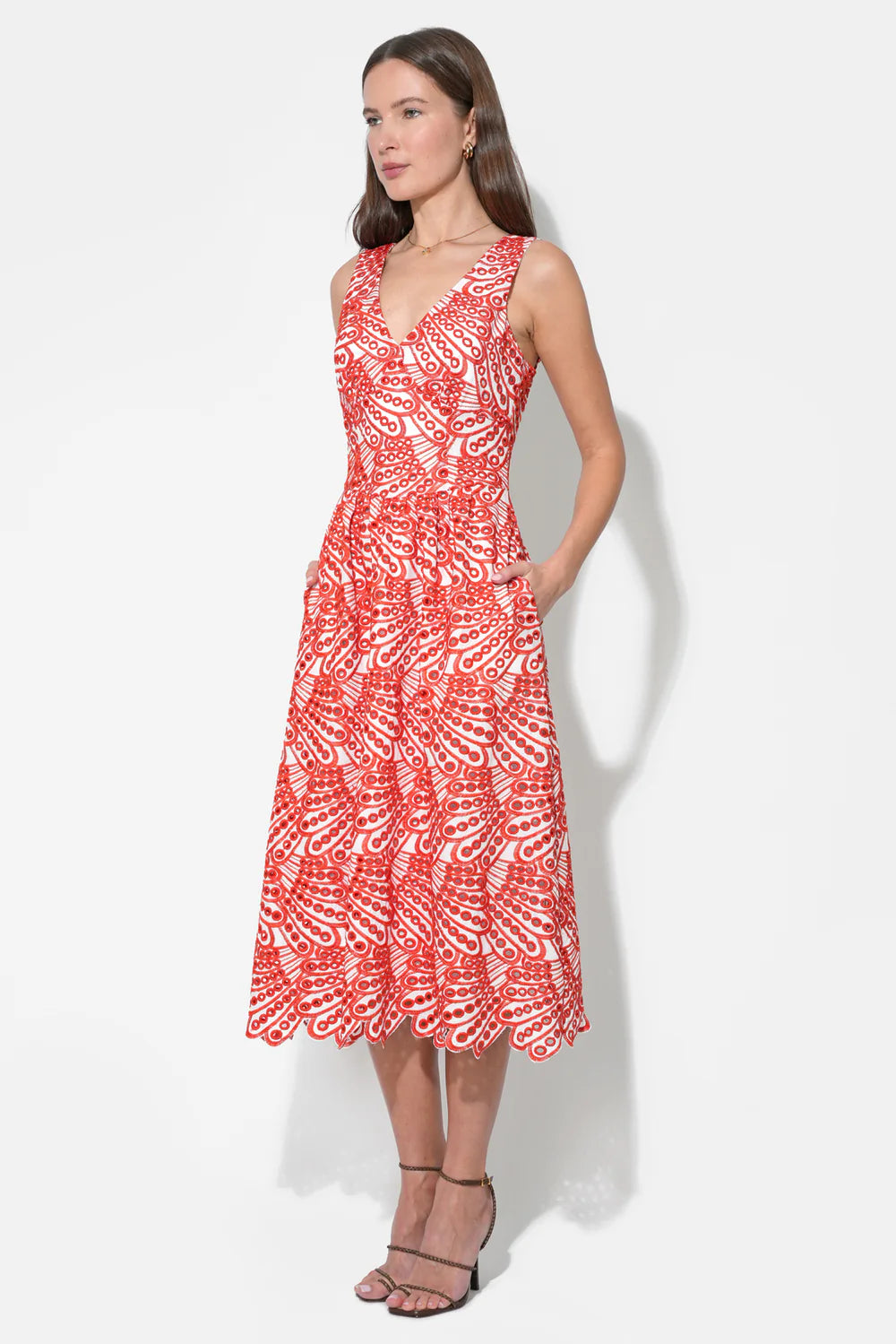 Adelyn Rae | Joanna Corset Embroidery Midi Dress - White/Red