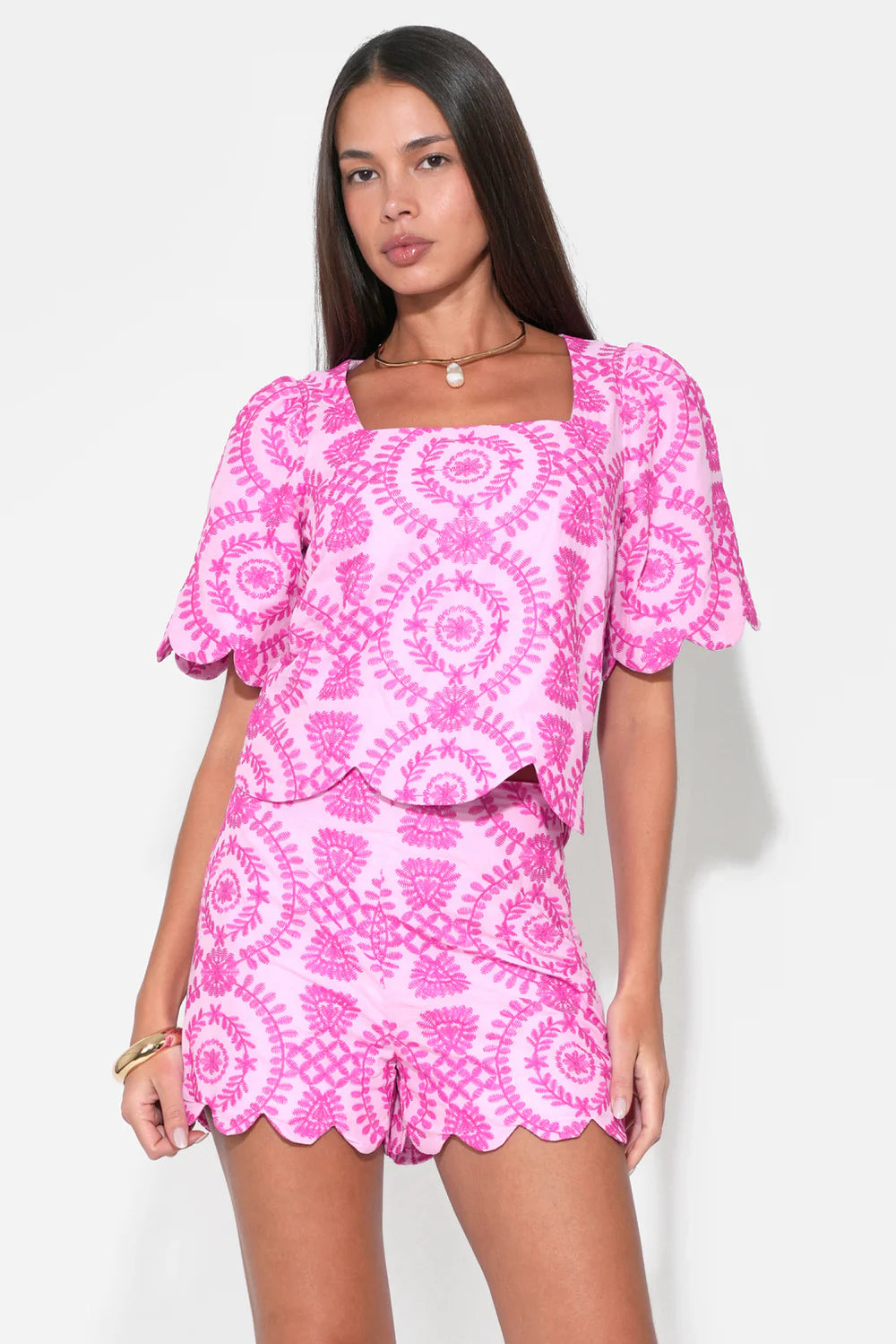 Adelyn Rae | Rose Embroidery Scallop Shorts - Lilac/Magenta