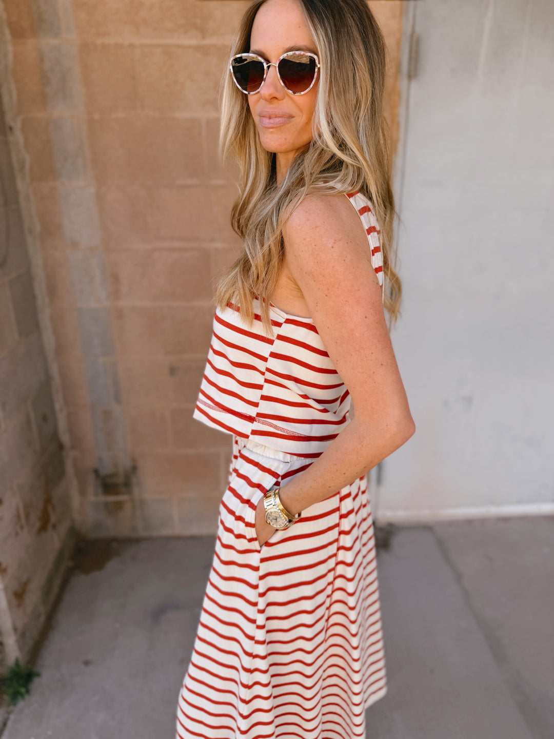 By Together | Knit Cotton Striped Round Neck Sleeveless Top - Cream Red