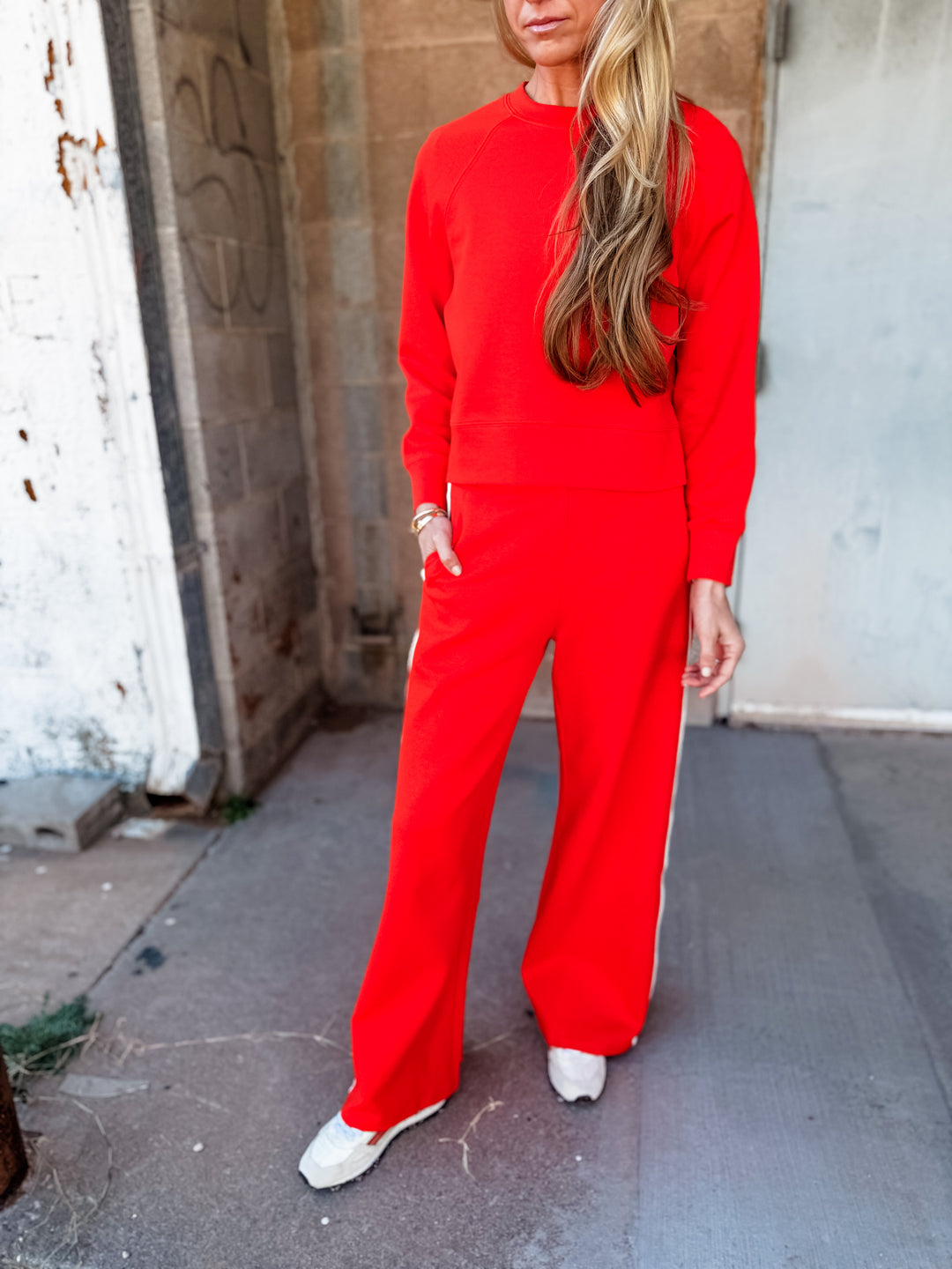 Perfect White Tee | Mikos Wideleg Pant with Stripe - Tomato