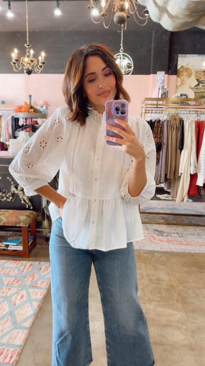 Eyelet Lace Sleeve 3/4 Button Up - Off White