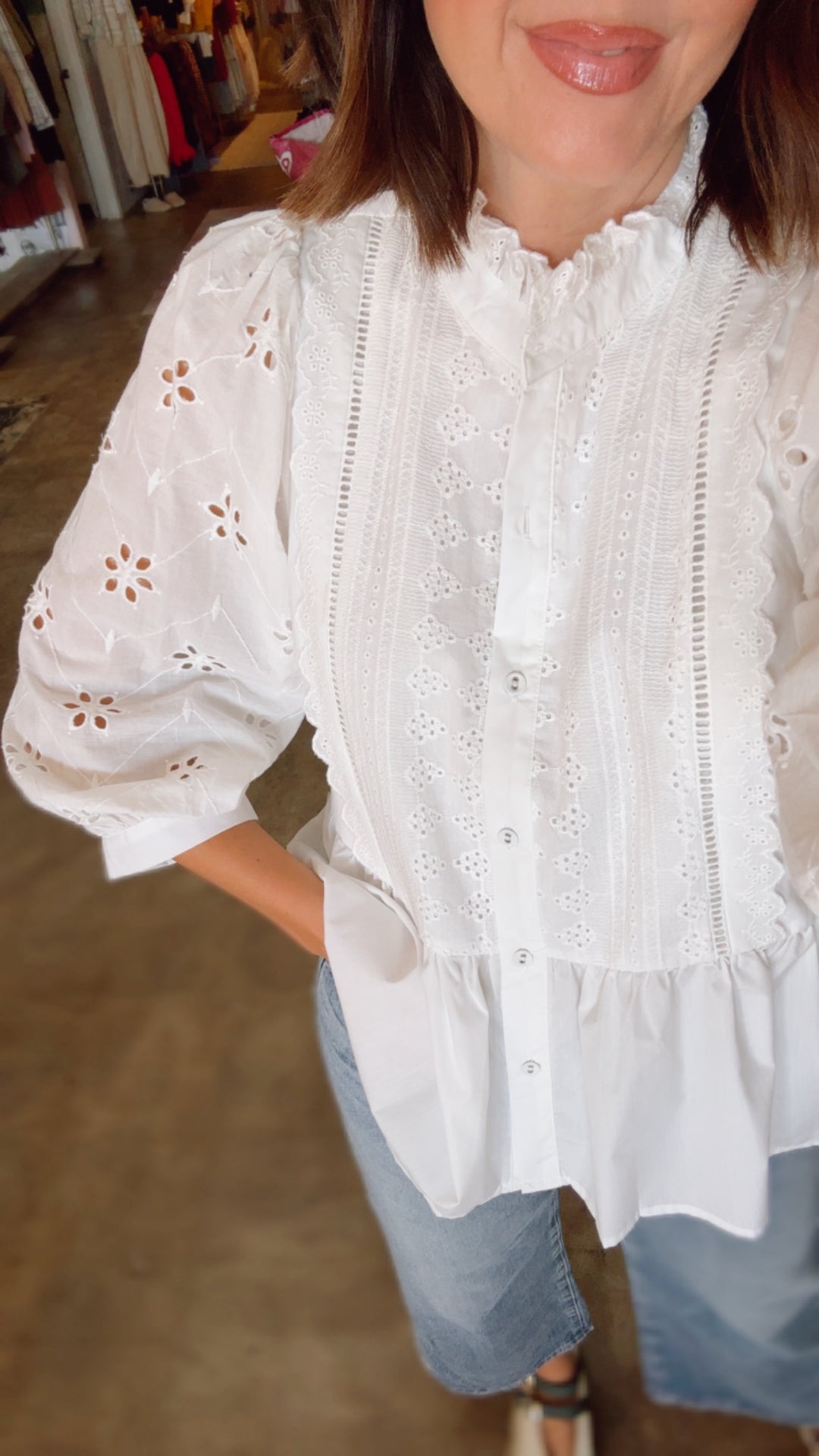 Eyelet Lace Sleeve 3/4 Button Up - Off White