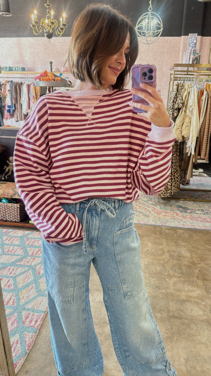 Free People Classic Stripe Crew - Raspberry Combo