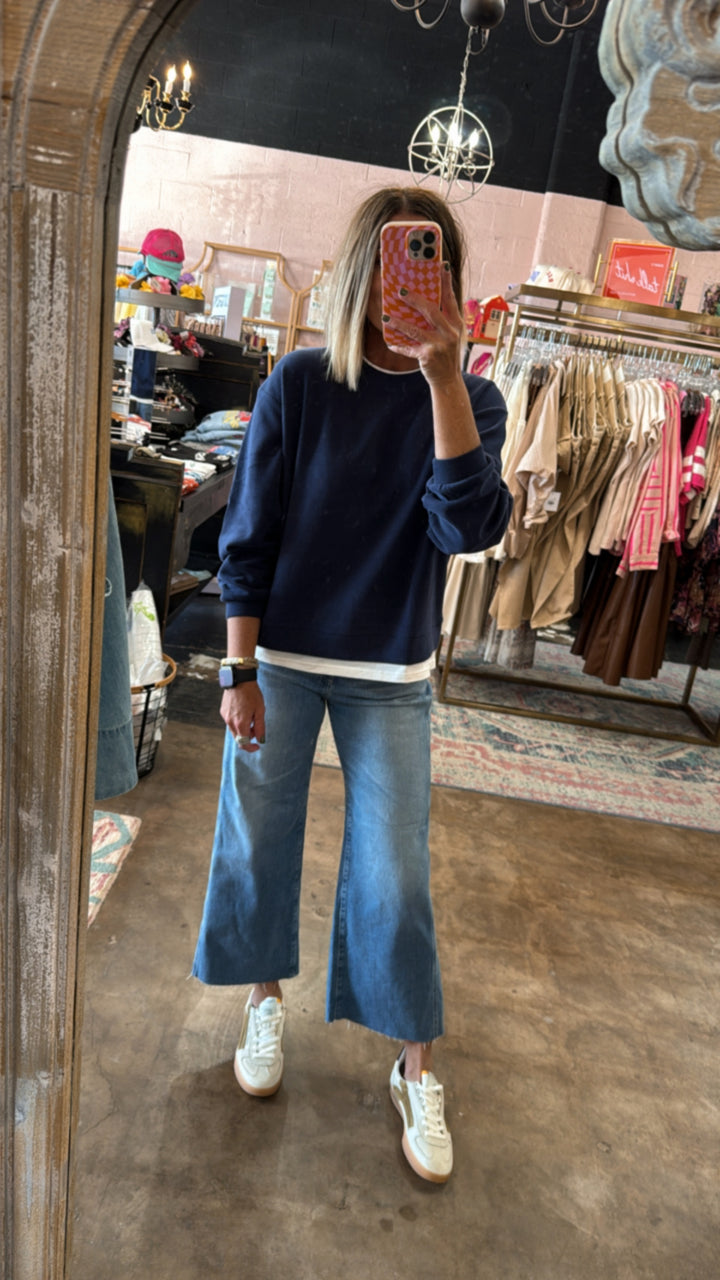 Always On Crew Twofer Pullover Knit - Navy