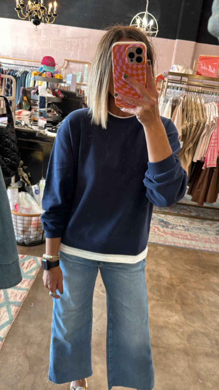 Always On Crew Twofer Pullover Knit - Navy