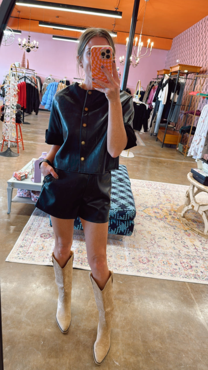 Suede Trim Short Sleeve Jacket - Black