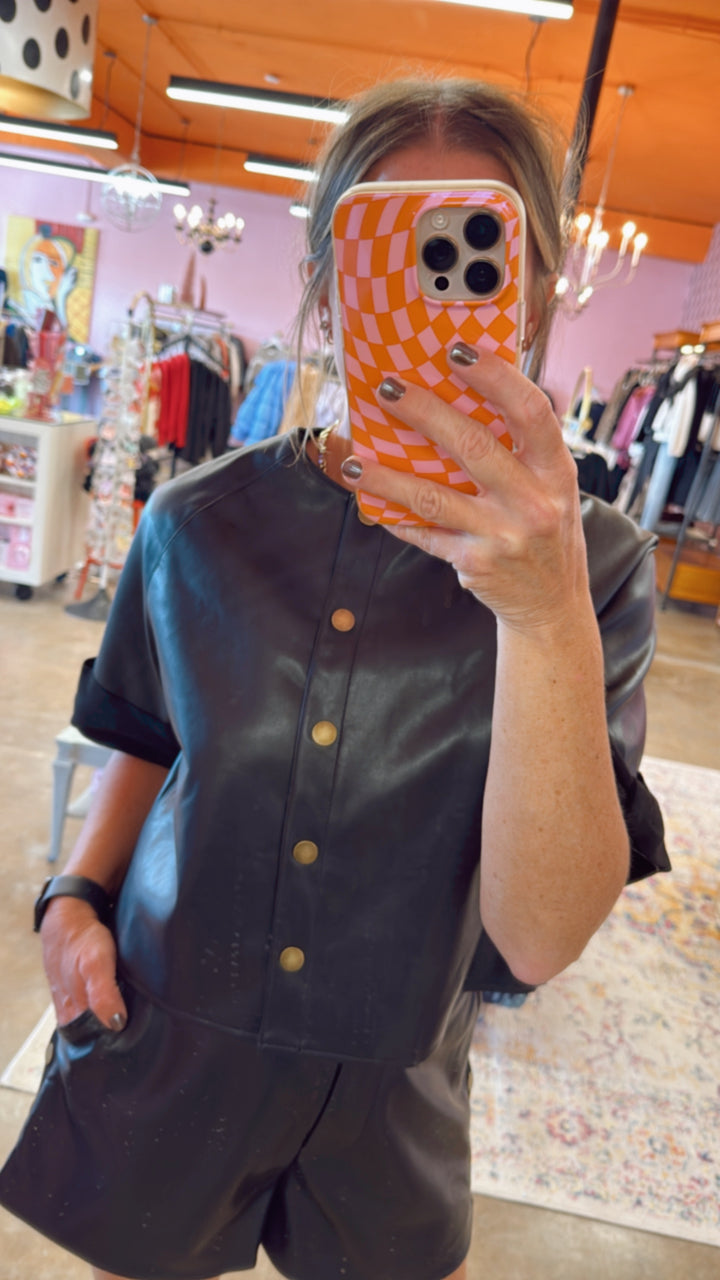 Suede Trim Short Sleeve Jacket - Black