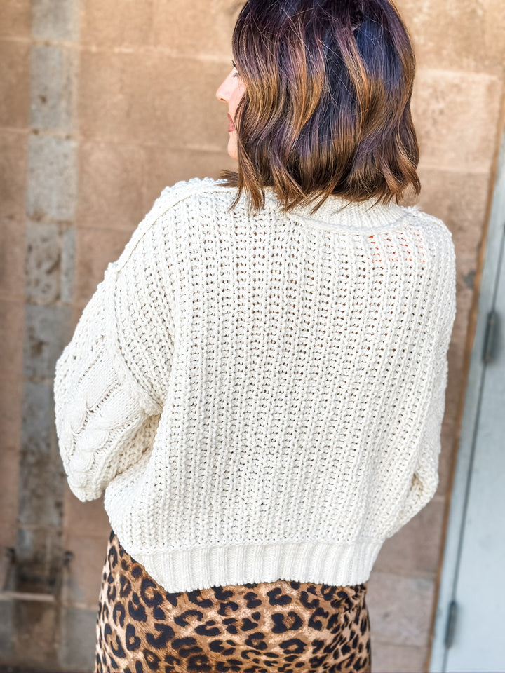 Mock Neck Cable Knit Sweater | Cream