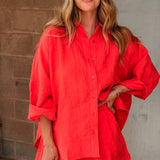 By Together | Woven Linen Button Down Shirt - Chili Pepper