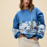 Daydreamer | Alpine Ski Scene Oversized Crew Sweatshirt - Denim