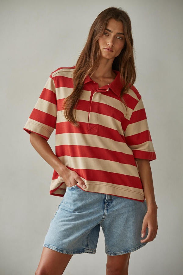 Bold Striped Rugby Tee - Sand Red