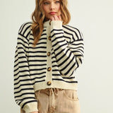 MIOU MUSE | Striped Pattern Button Front Knitted Cardigan - Black/White