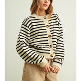 MIOU MUSE | Striped Pattern Button Front Knitted Cardigan - Black/White