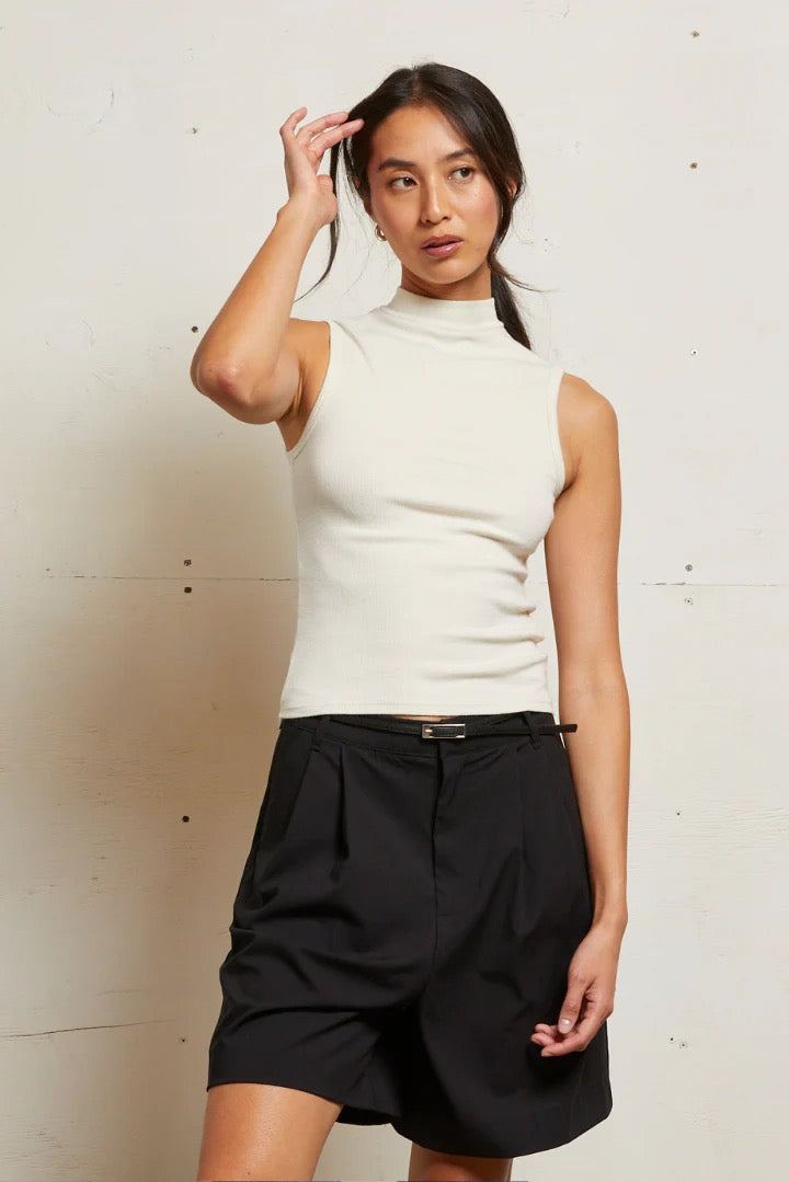 |PERFECT WHITE TEE|Mel Luxe Rib Sleeveless Mock Neck Tank - Sugar