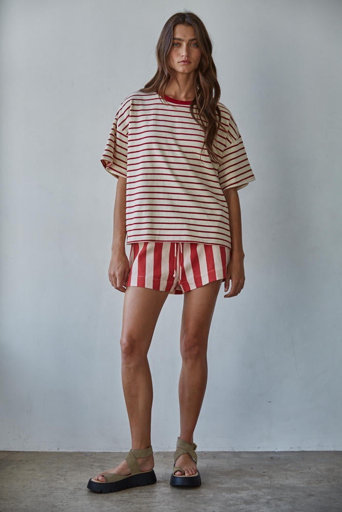 By Together | Knit Striped Short Sleeve Crew Neck Top - Natural Red