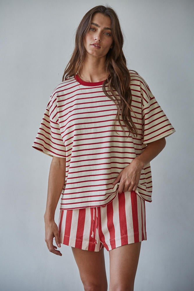By Together | Knit Striped Short Sleeve Crew Neck Top - Natural Red