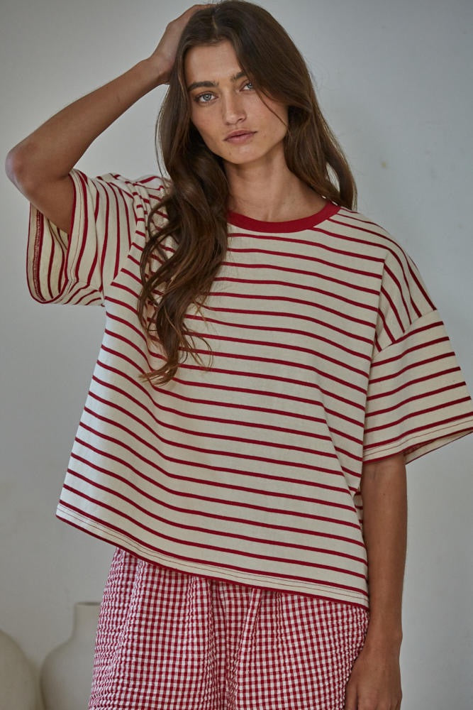 By Together | Knit Striped Short Sleeve Crew Neck Top - Natural Red
