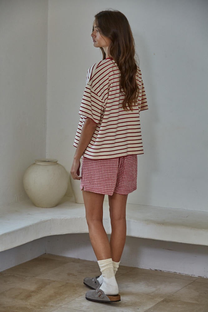 By Together | Knit Striped Short Sleeve Crew Neck Top - Natural Red