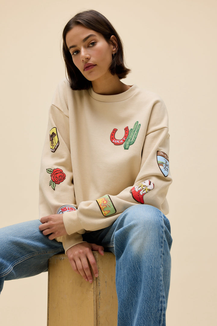 Daydreamer | Western Patches Oversized Crew Sweatshirt - Sand