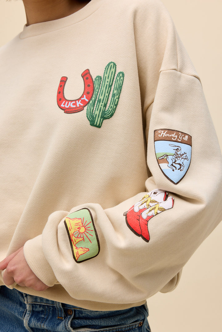 Daydreamer | Western Patches Oversized Crew Sweatshirt - Sand