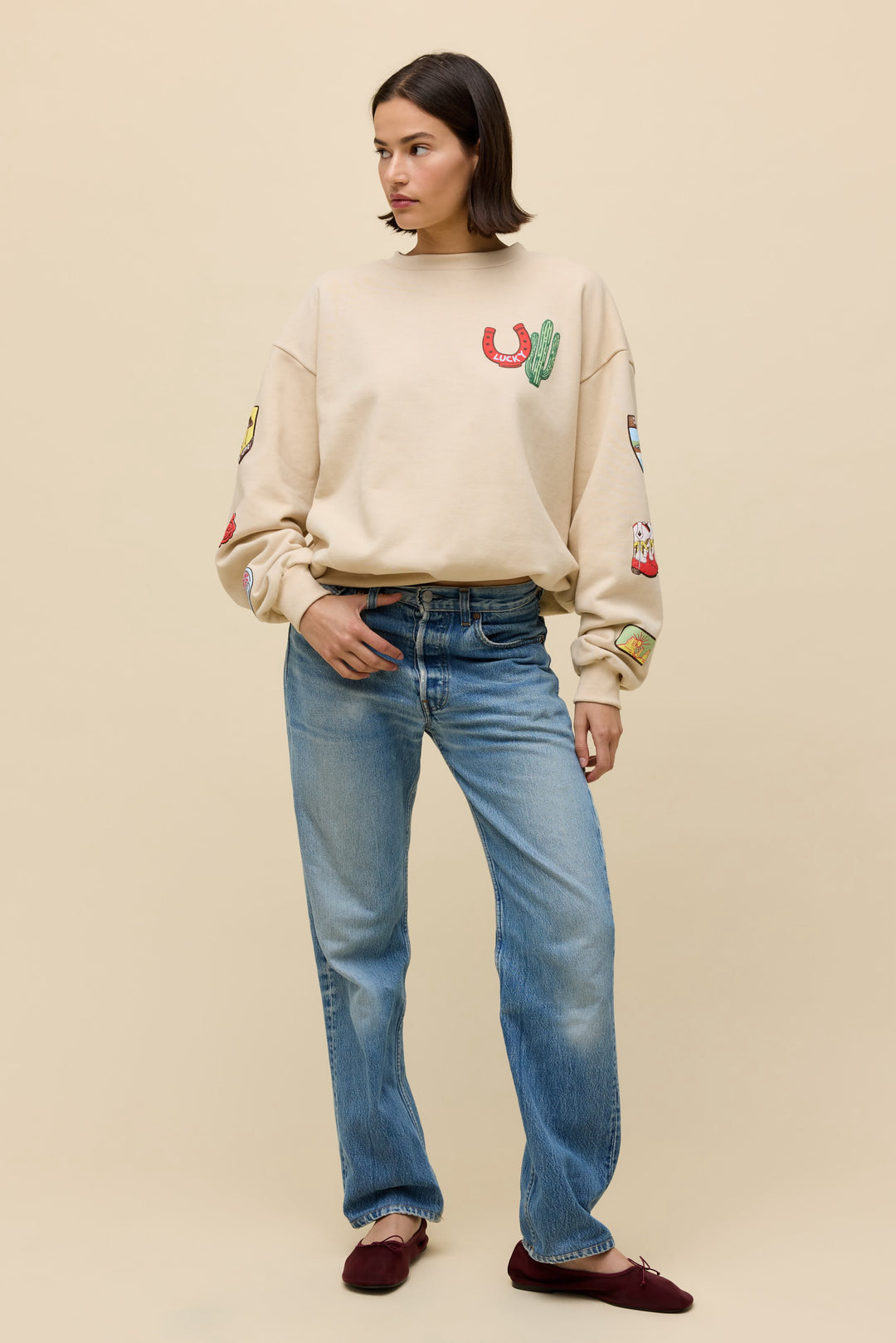 Daydreamer | Western Patches Oversized Crew Sweatshirt - Sand