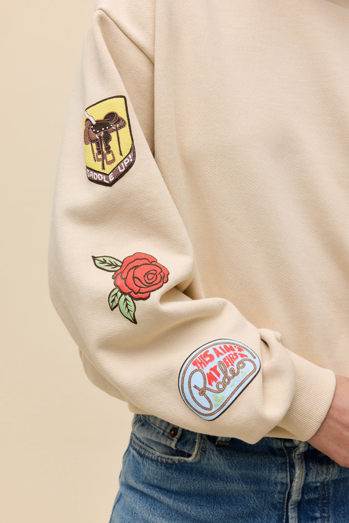 Daydreamer | Western Patches Oversized Crew Sweatshirt - Sand