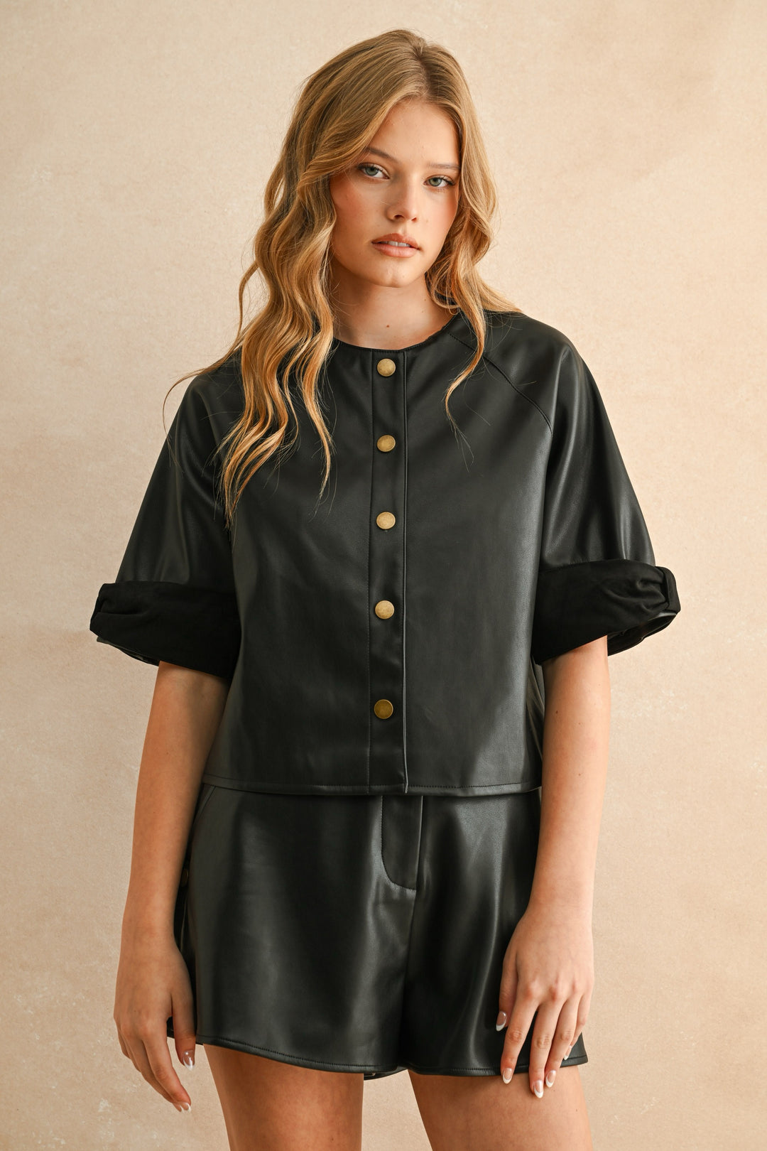 Suede Trim Short Sleeve Jacket - Black