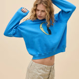 Daydreamer | Moon Cat Shrunken Raglan Sweatshirt - Azure Blue