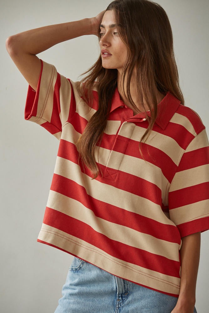 Bold Striped Rugby Tee - Sand Red