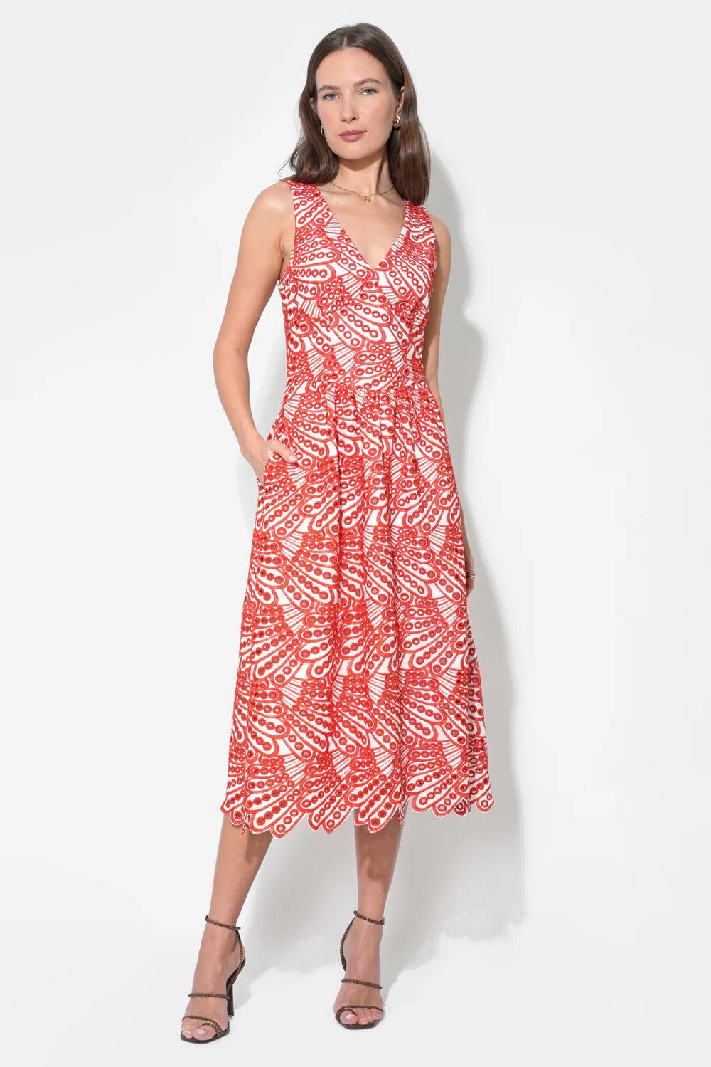 Adelyn Rae | Joanna Corset Embroidery Midi Dress - White/Red