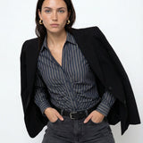 The Shirt | The Longsleeve Zaria Shirt - Charcoal/Taupe Stripe