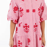 J. Marie | The Marla Dress - Red Stripe Floral Embroidery